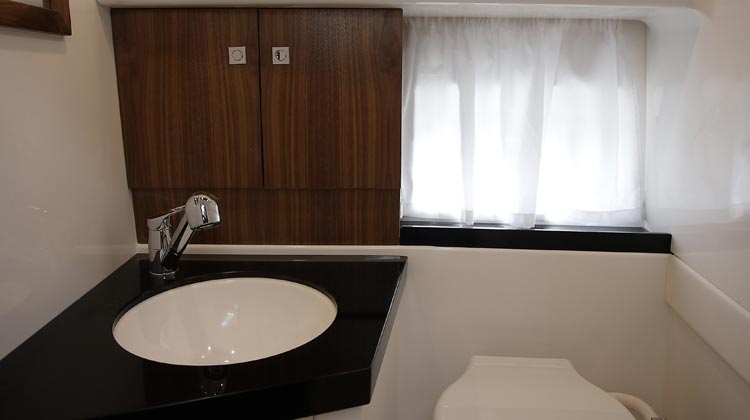 Shower-toilet compartment with Corian sink top, cabinet, undr sink locker and lockable door